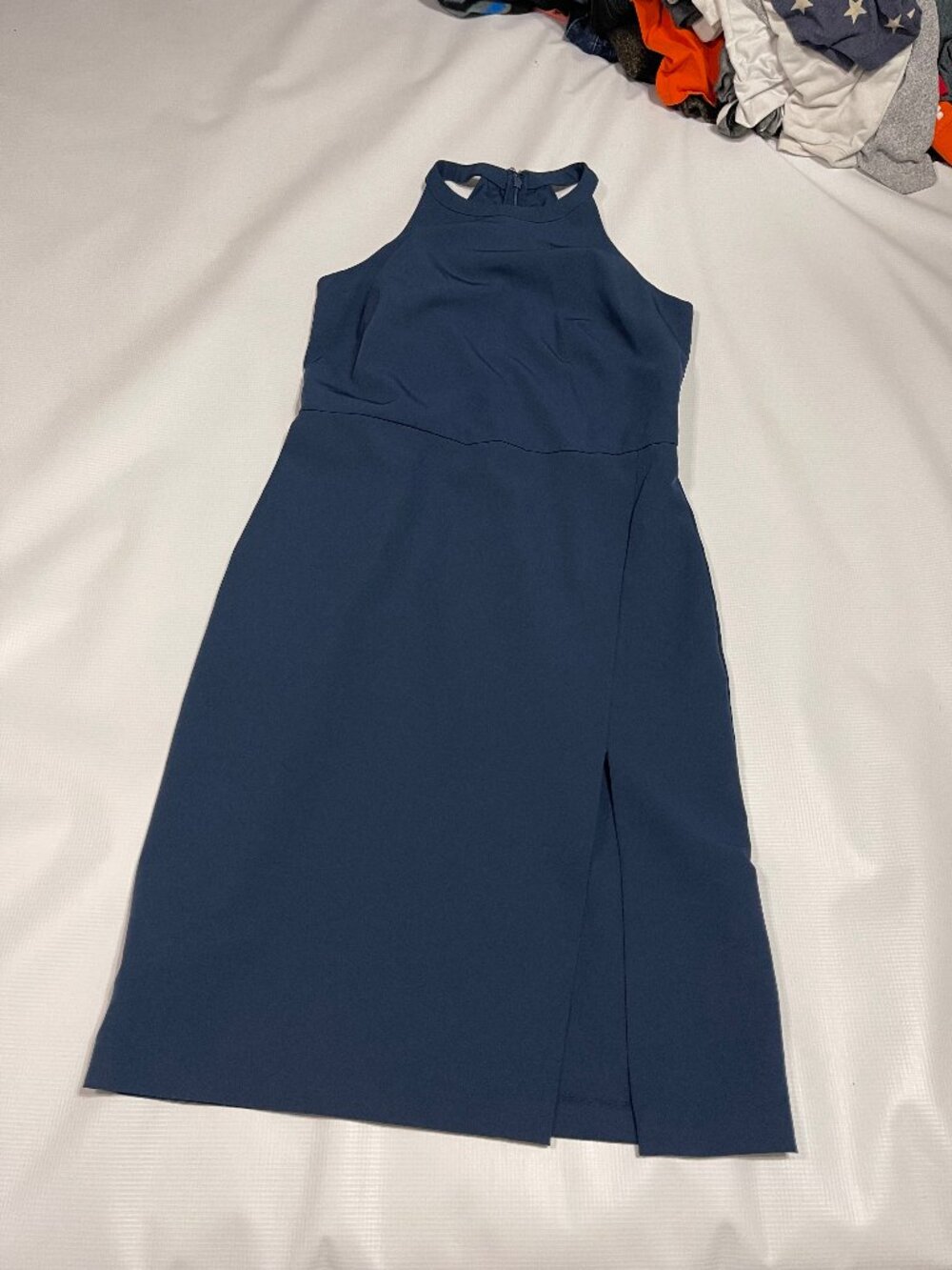LOFT Navy Blue High Neck Sleeveless Fitted Dress with Side Slit, Size 2